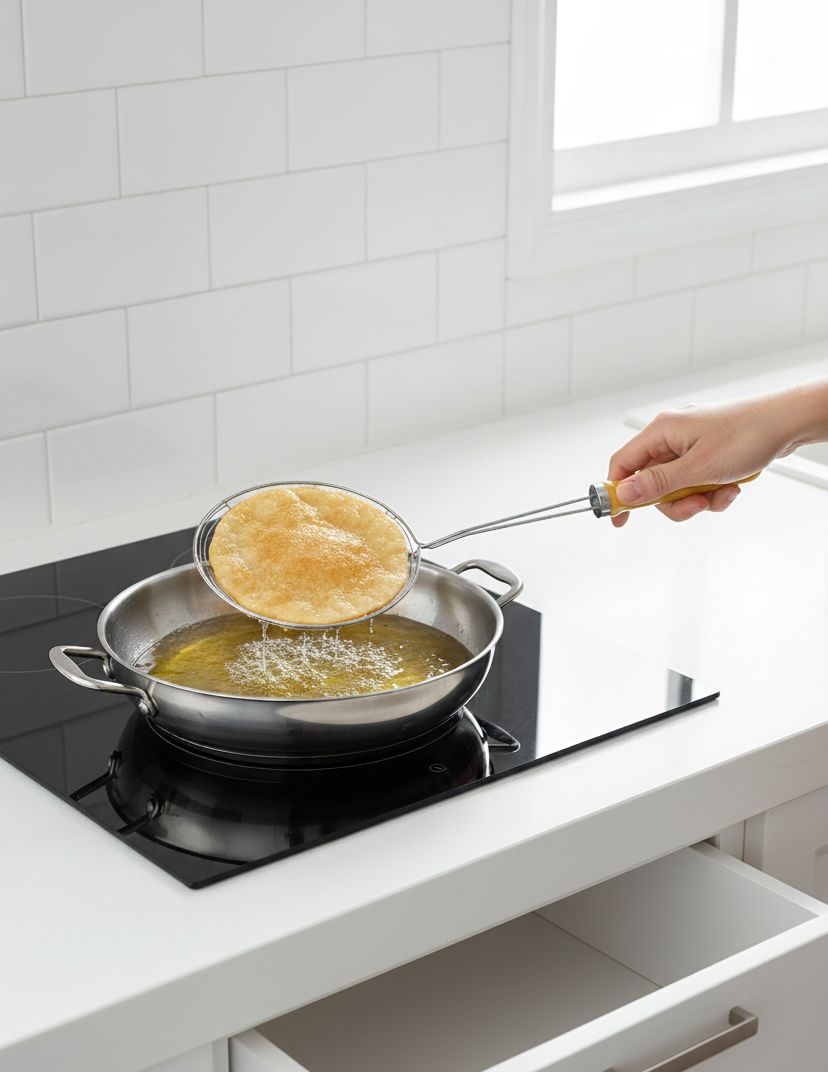 "Stainless Steel Skimmer with Yellow Handle for Frying and Straining"