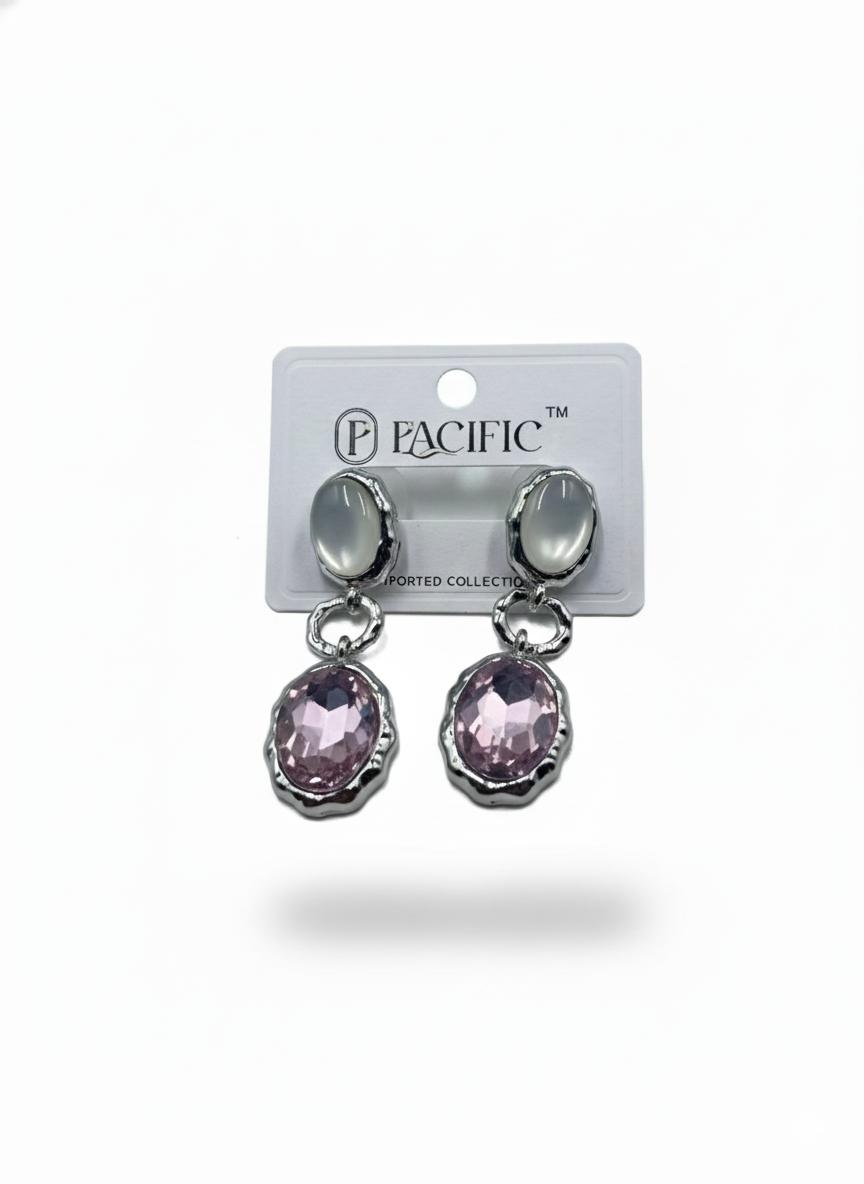 "Opal Top Silver Pink Crystal Drop Earrings – Elegant Statement Jewelry"