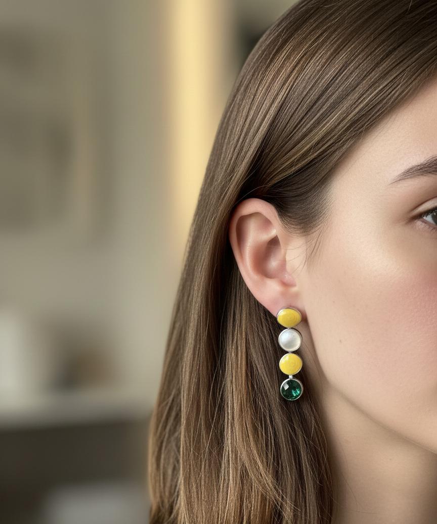 "Multicolor Pendant-Inspired Dangling Earrings with Yellow, White, and Green Accents"