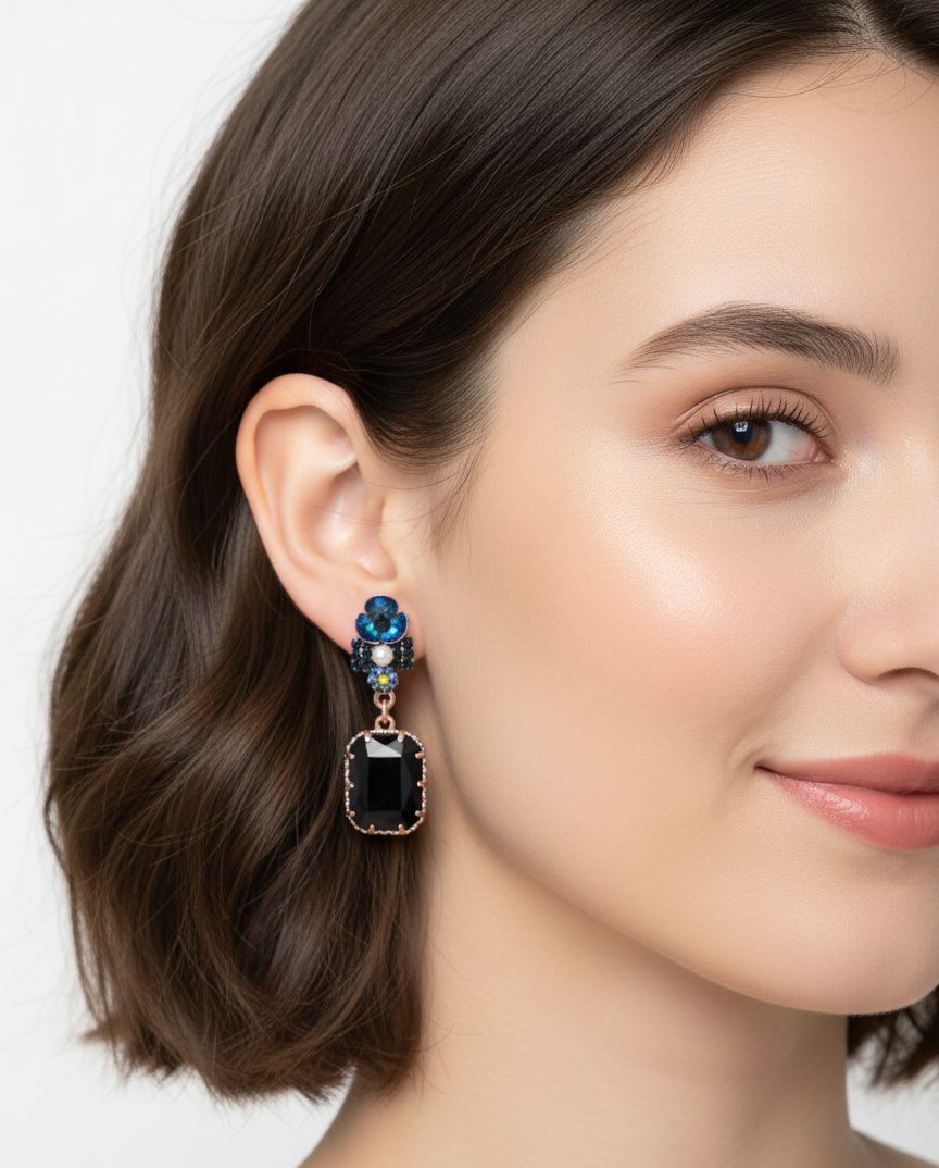 "Midnight Blue Floral Crystal Drop Earrings with Black Gemstone Accents"