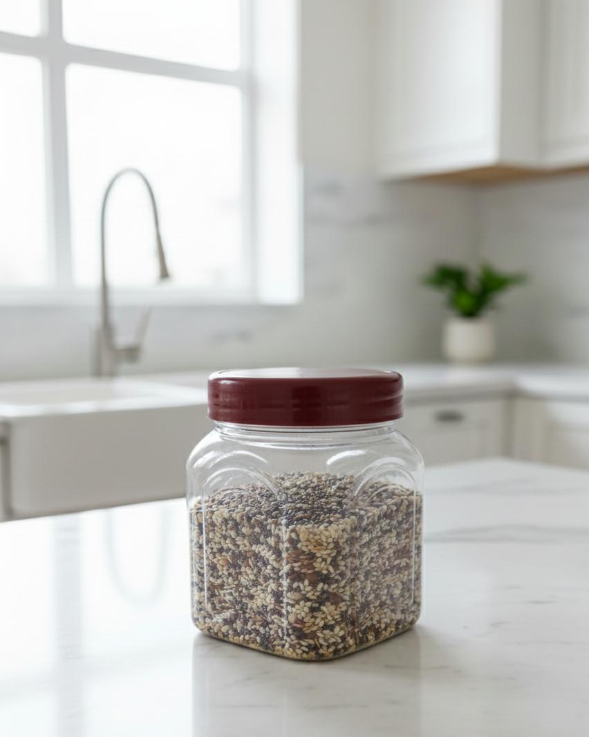 Airtight Clear Kitchen Storage Jar with Maroon Lid and Scoop