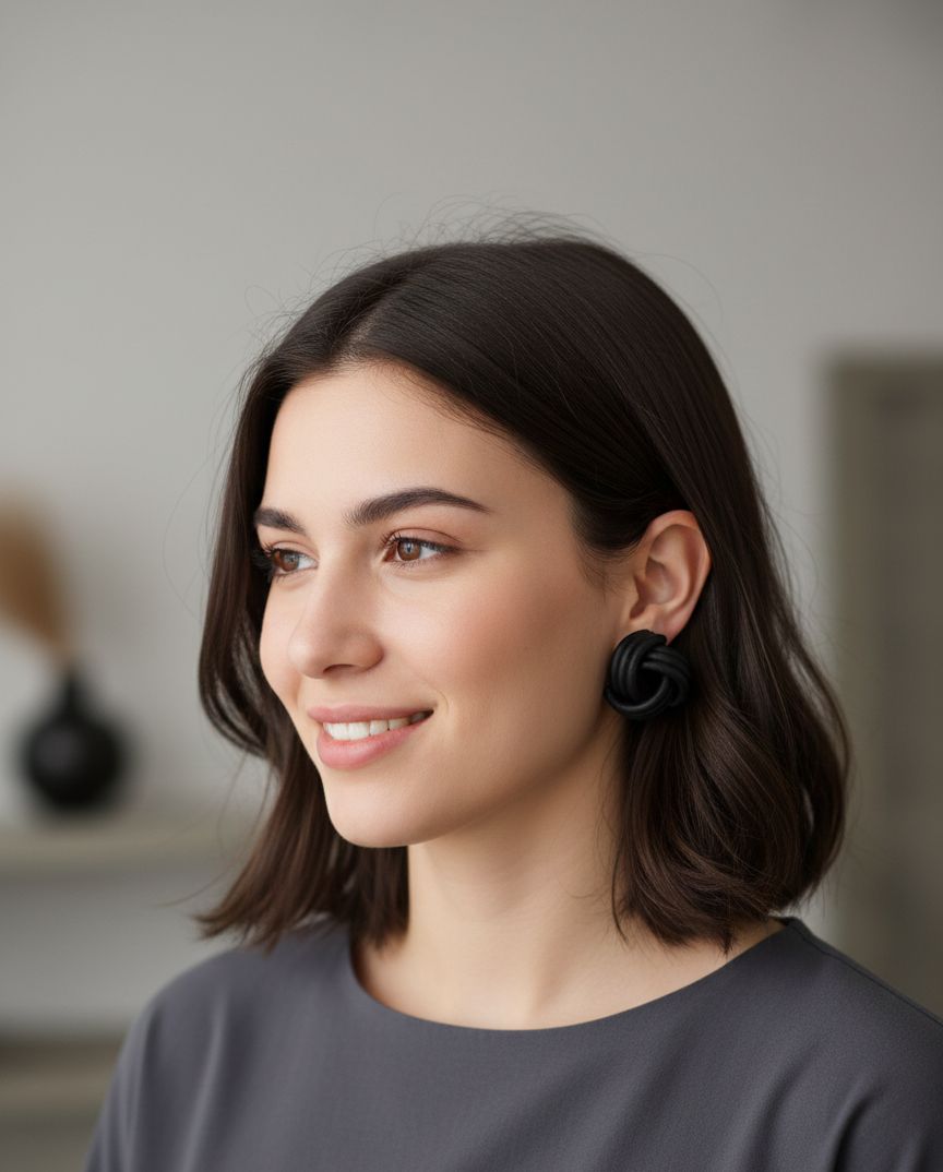 "Matte Black Twisted Knot Statement Stud Earrings for Women"