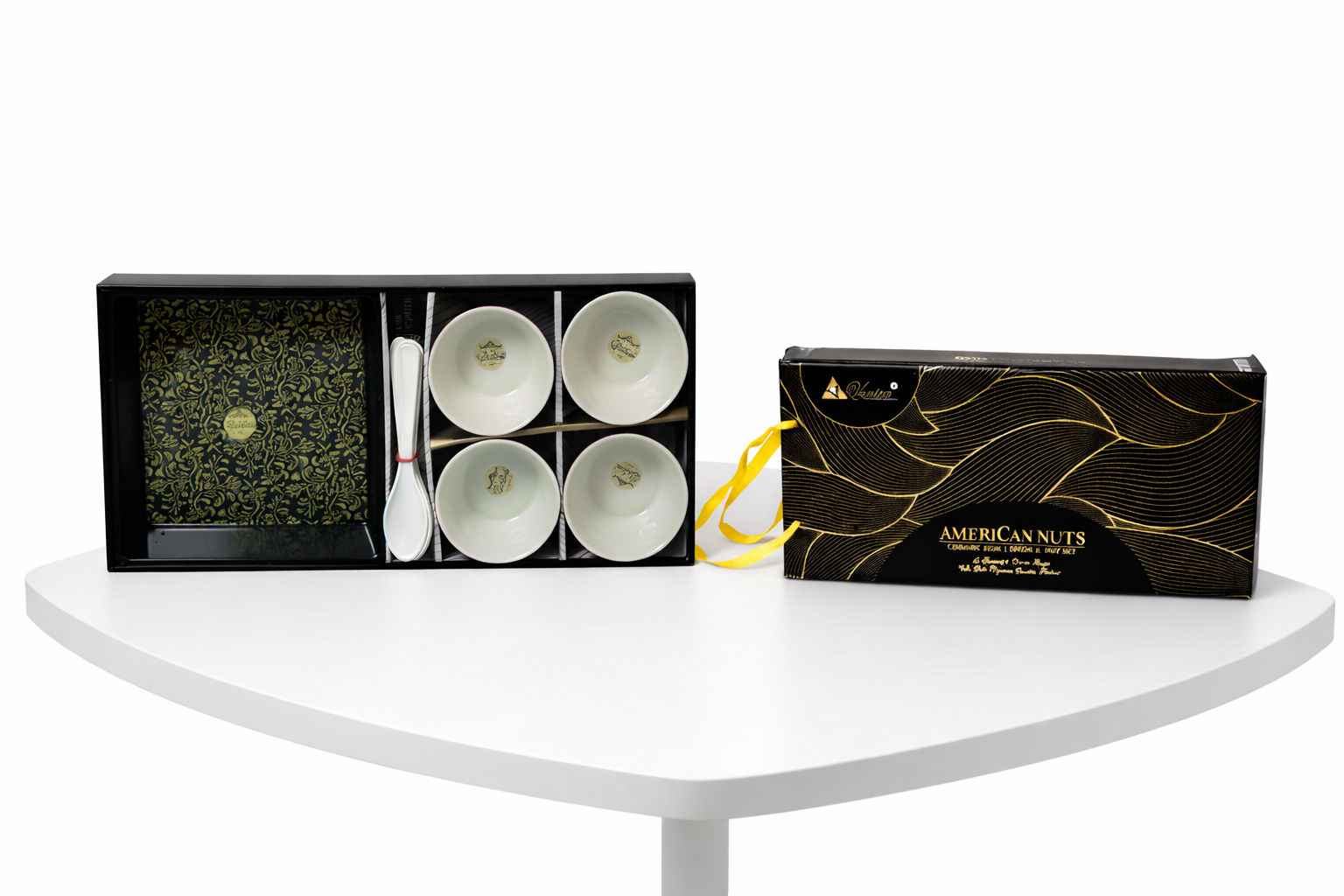 "Elegant Golden Ceramic Snack Bowl & Tray Set with Spoons"