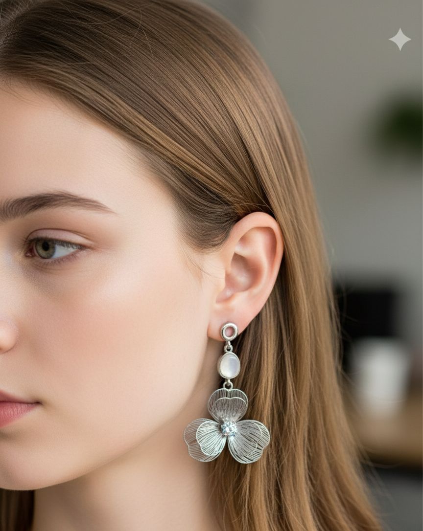 Silver Floral Drop Earrings with Pearl Accents and Crystal Center.