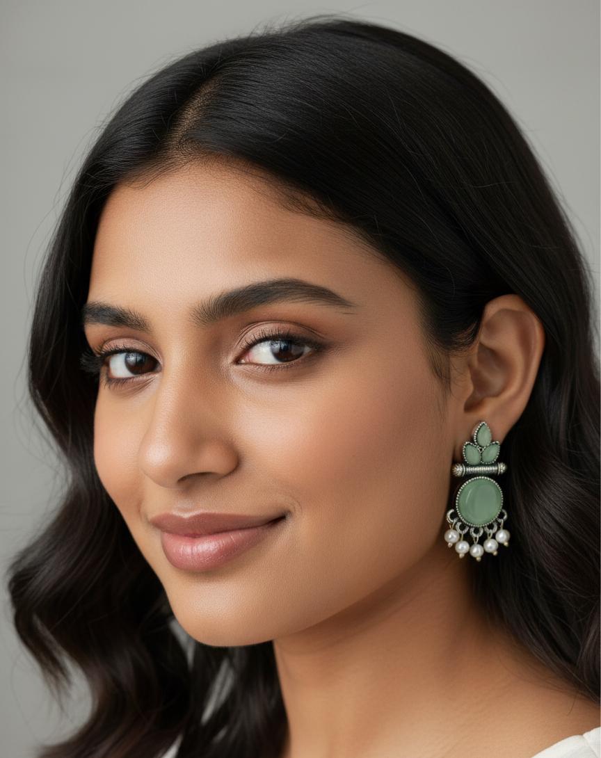 Mint Green Floral Drop Earrings with Pearl Dangling Charms