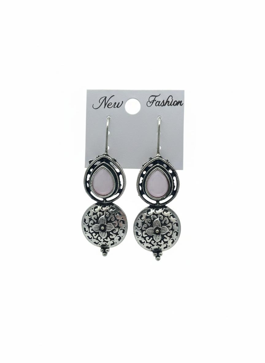 Vintage Boho Pink Stone Drop Earrings with Floral Filigree Design