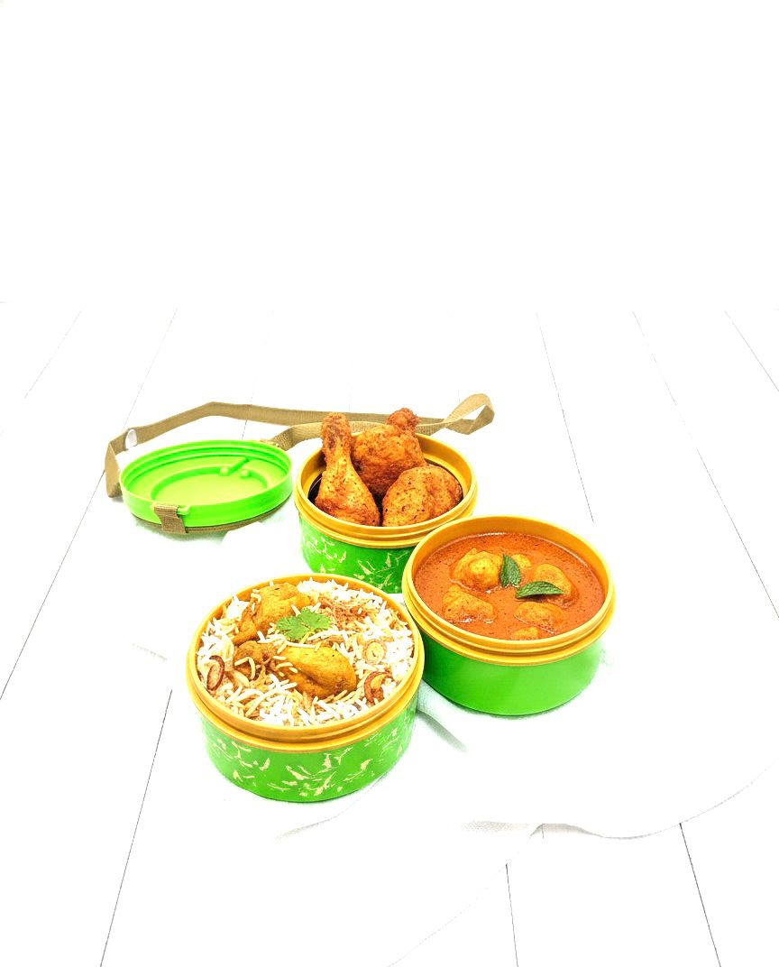 "Green Insulated 3-Tier Tiffin Carrier with Shoulder Strap for Meals on the Go"