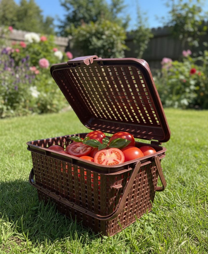 "Vintage Brown Woven-Style Plastic Picnic and Storage Basket with Locking Lid"