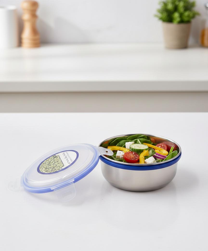 "Premium Airtight Plastic Bowl with Stainless Steel Interior and Lid Lock"