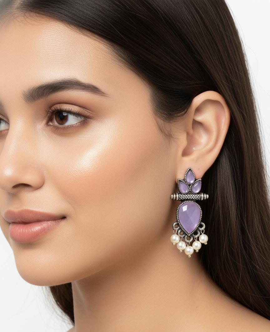 "Vintage-Inspired Teardrop Stone Earrings with Pearl Danglers – Multiple Color Options"