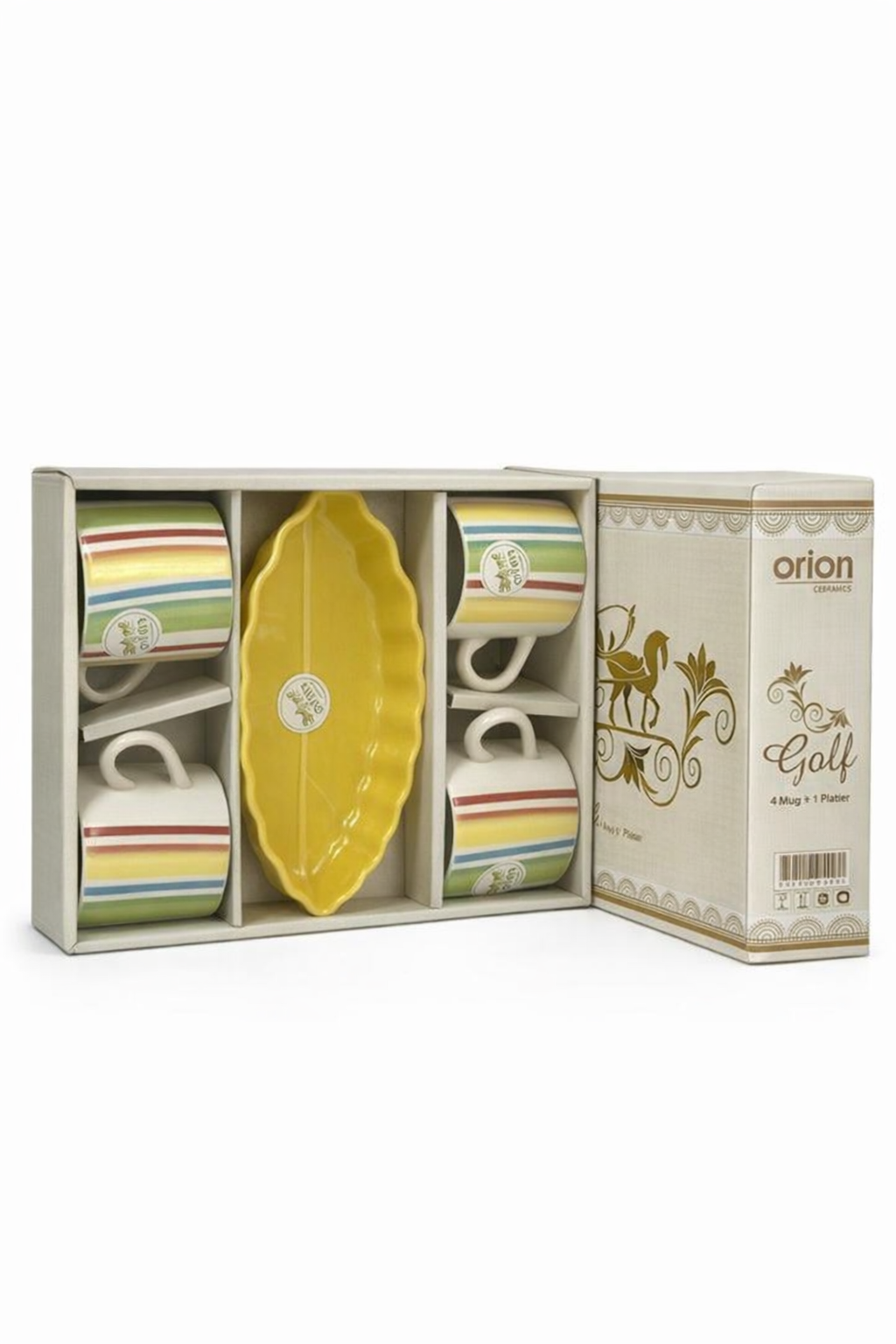 "Colorful Striped Mug and Leaf Platter Gift Set - 5-Piece Kitchenware Collection"