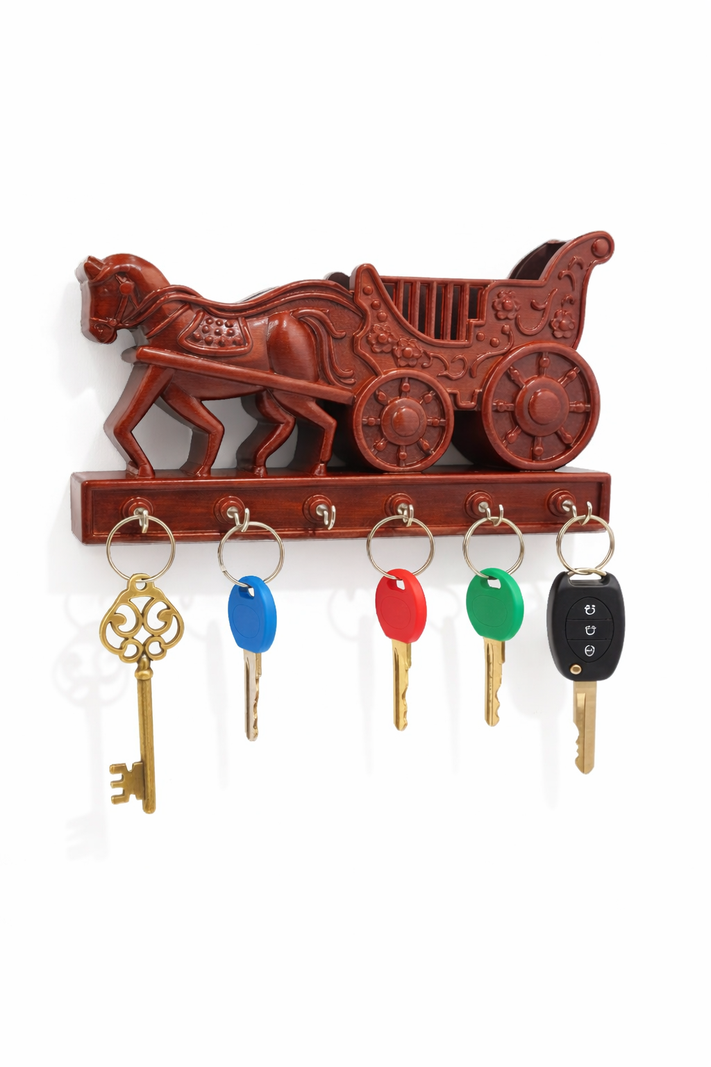 Vintage Horse Carriage Wall-Mounted Key Organizer with Hooks and Storage Tray
