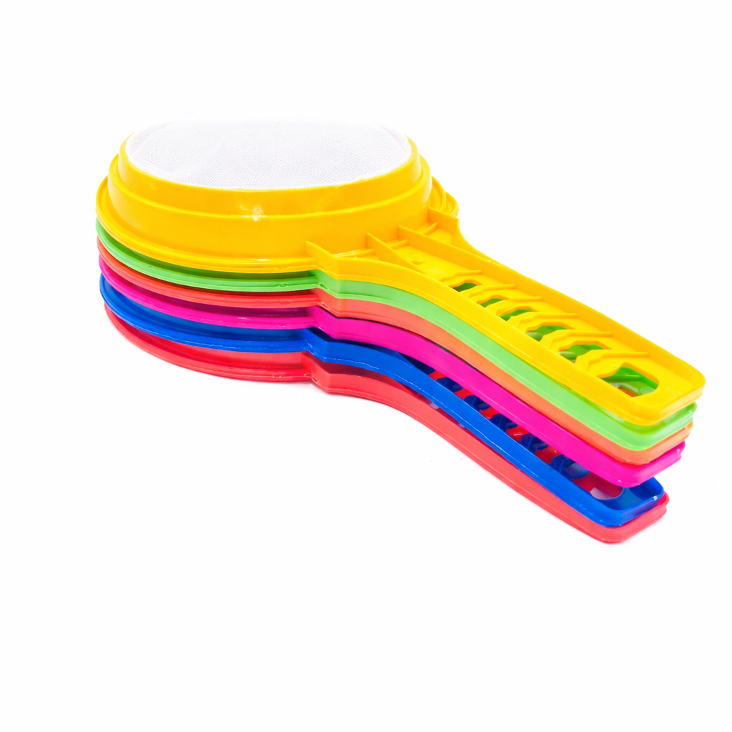 "Colorful Plastic Fine Mesh Kitchen Strainers with Easy-Grip Handles - Set of 6"
