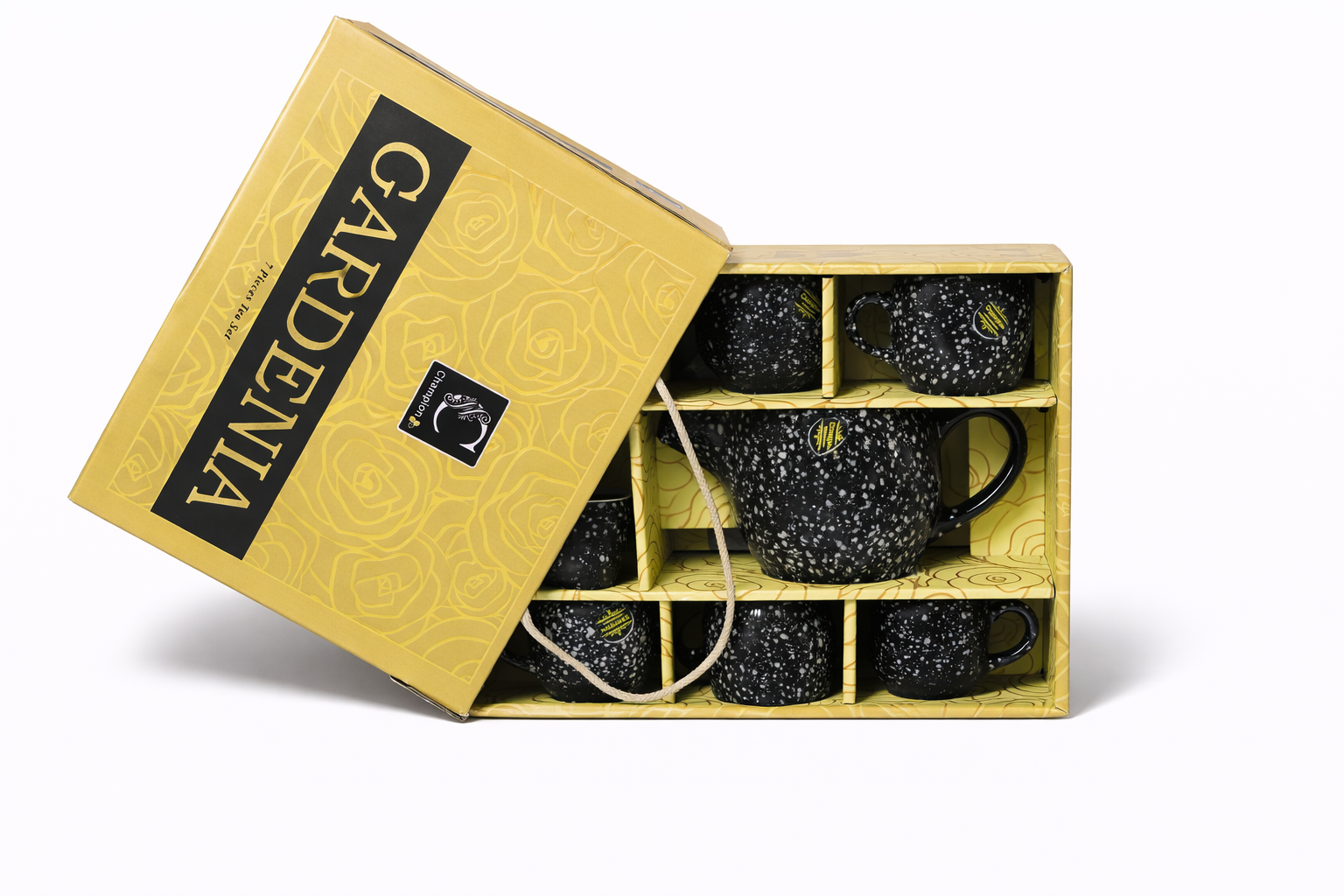 Gardenia Elegant Black Speckled Ceramic 7-Piece Tea Set with Gift Box