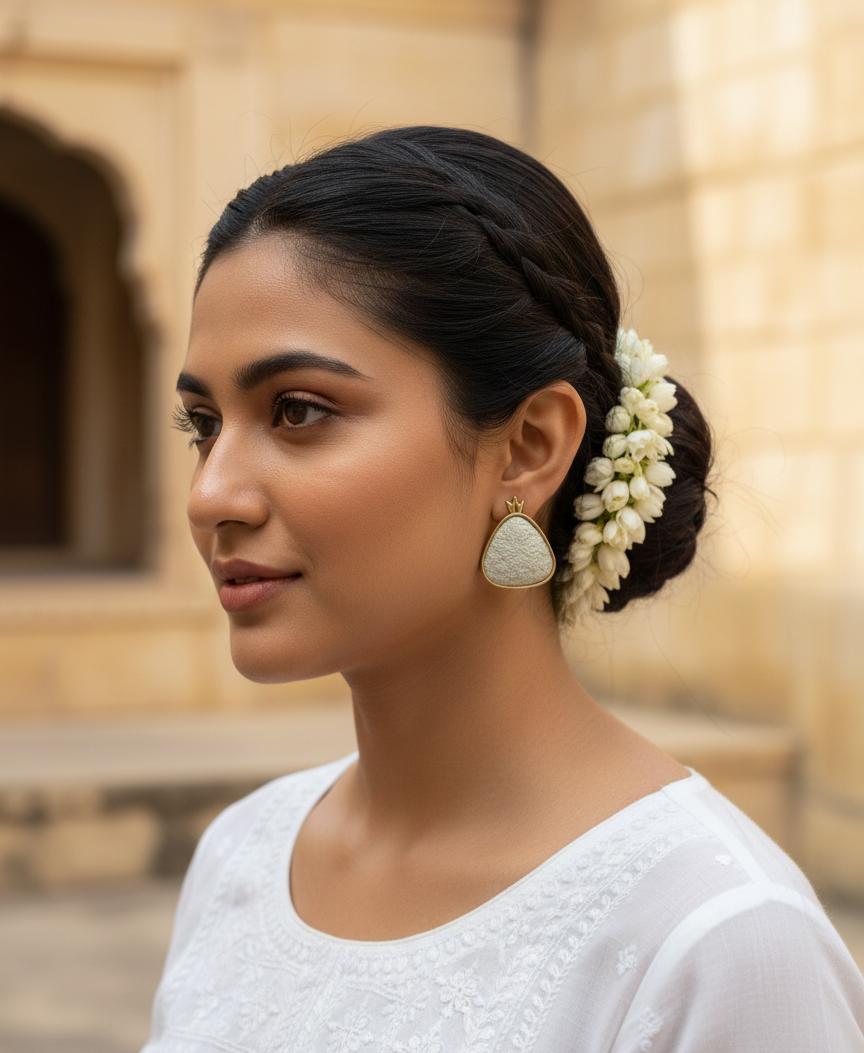 "Elegant Gold-Tone Teardrop Textured Stud Earrings with Crown Accent"