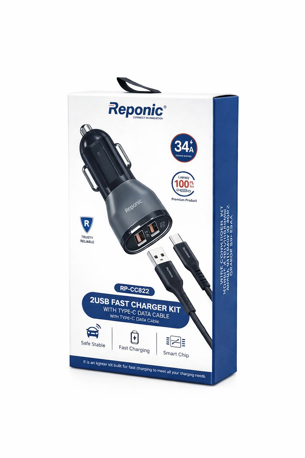 "Reponic Dual USB Fast Car Charger Kit with Type-C Cable – 3.4A Output"