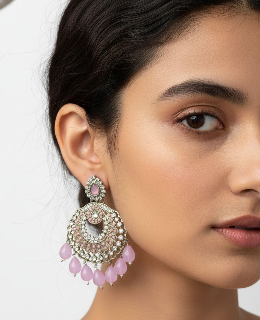 "Elegant Pink Teardrop Chandbali Earrings with Crystal Accents"