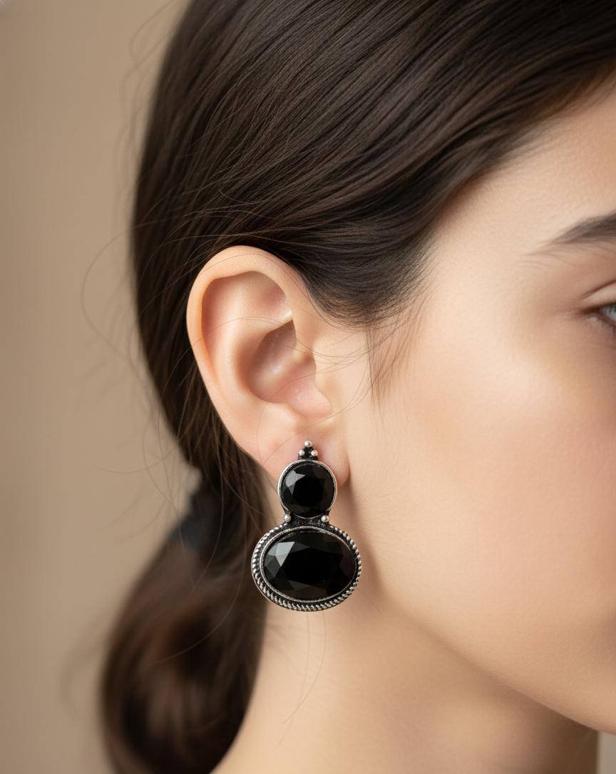 "Elegant Black Gemstone Double Oval Drop Earrings with Silver Accents"