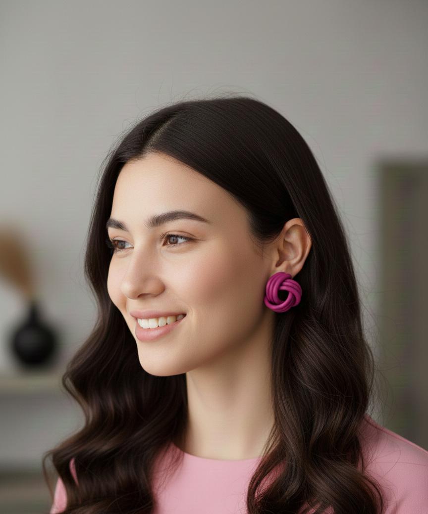"Bold Fuchsia Double Hoop Knot Fashion Earrings"