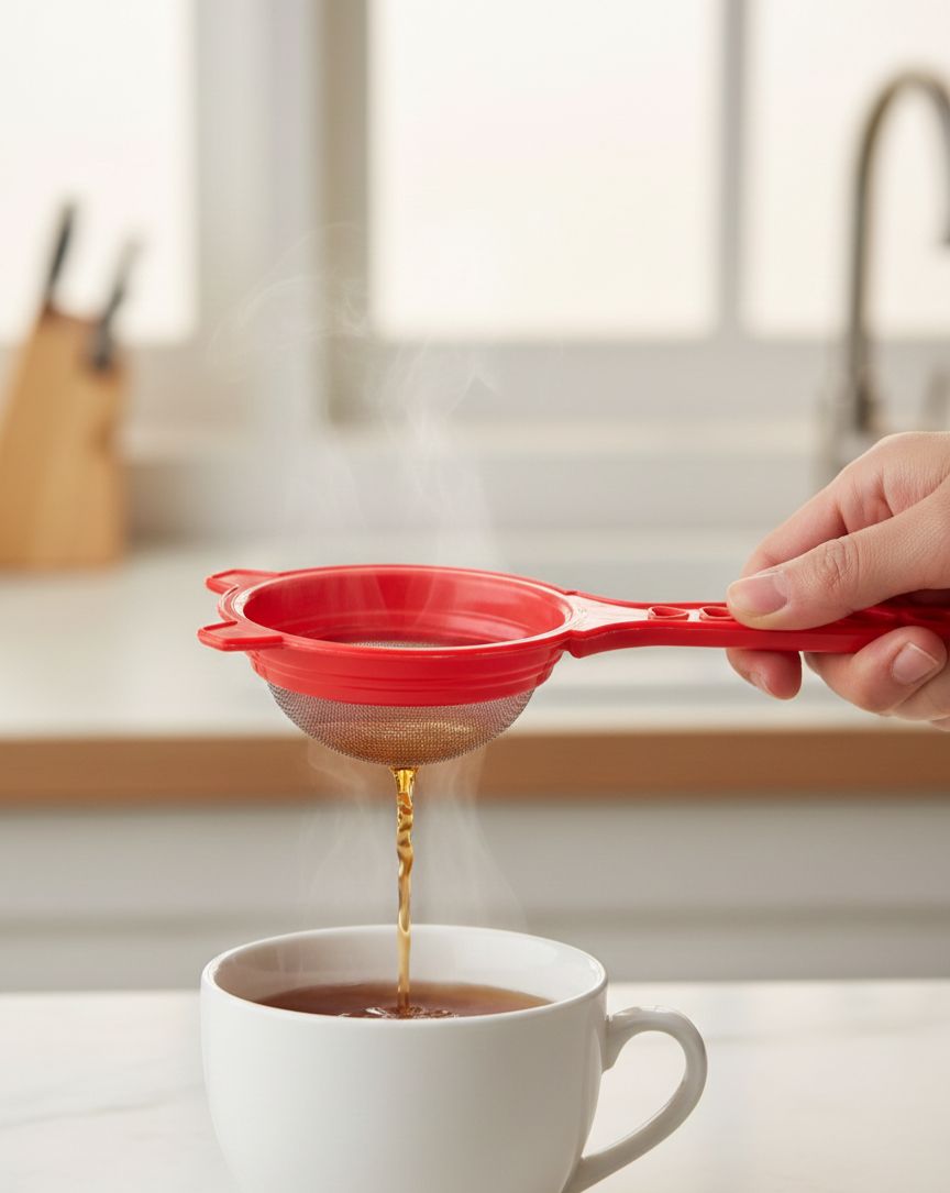"Red Mesh Handheld Tea and Coffee Strainer with Handle"