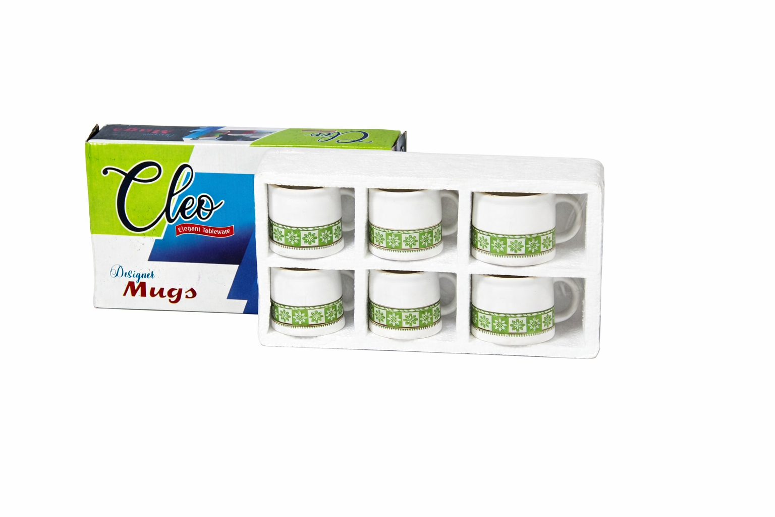 "Cleo Elegant Ceramic Tea Mug Set – 6 Pieces, Green Floral Design"