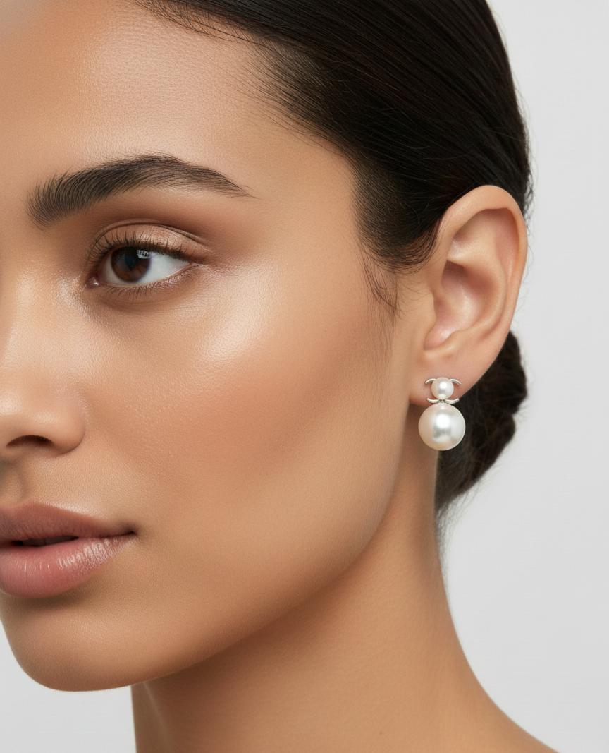 Elegant Double Pearl Drop Earrings – Silver-Tone Studs for Women