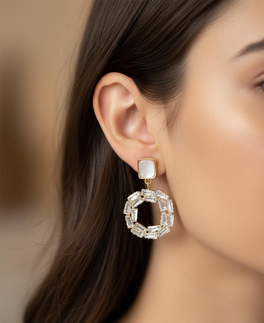 Crystal Halo Geometric Dangle Earrings with Pearl Accent