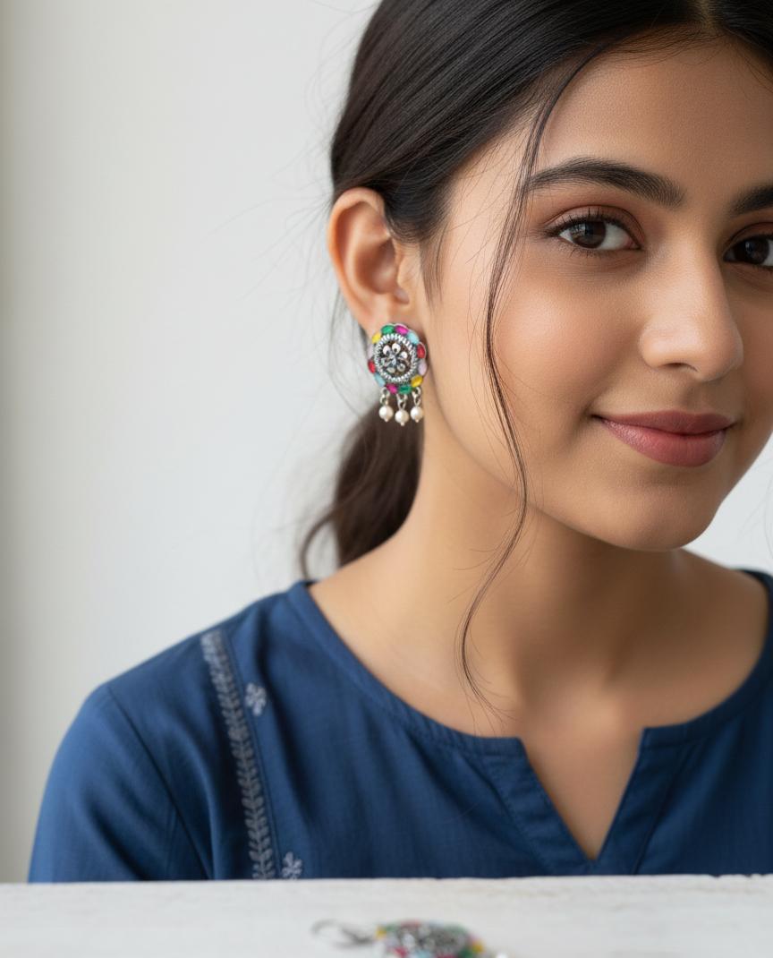 "Boho-Chic Multicolor Oxidized Stud Earrings with Pearl Dangling Charms"