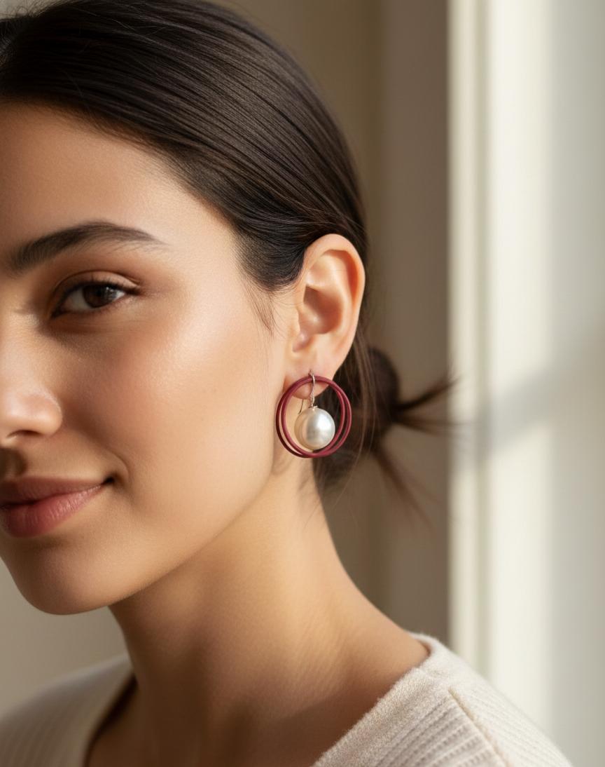 Elegant Spiral Hoop Earrings with Round Pearl Accent - Wine Red